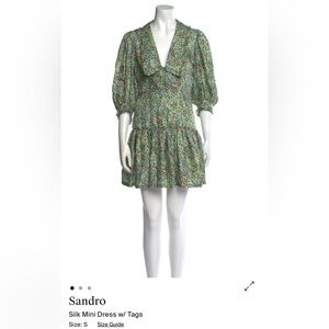 Sandro Green Floral V-Neck Silk Mini Dress